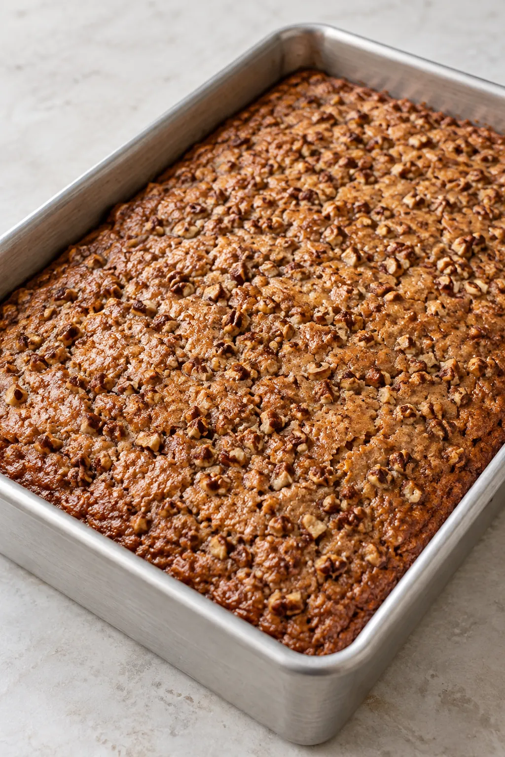 Baked Sweet Alabama Pecan Bread with chopped pecans in a rectangular metal pan