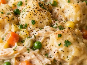 Bowl of creamy Crockpot Chicken and Dumplings with tender chicken, vegetables, and biscuit dumplings