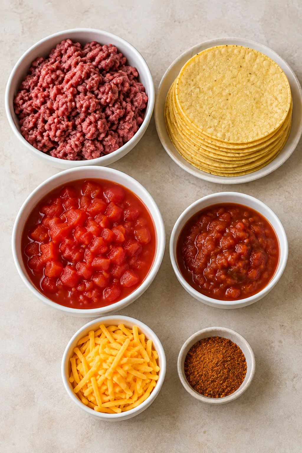 Ground beef, corn tortillas, diced tomatoes, salsa, shredded Colby cheese, and taco seasoning arranged on a counter