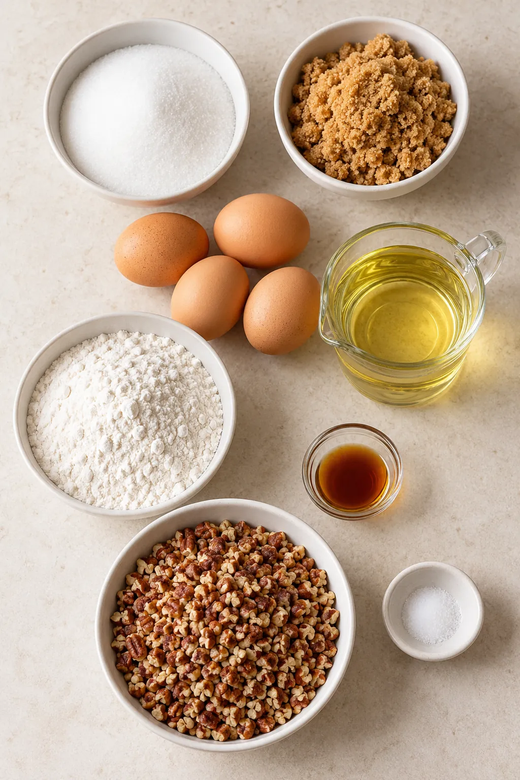 Sugar, brown sugar, eggs, oil, self-rising flour, vanilla, chopped pecans, and salt arranged on a counter