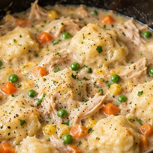 Finished Crockpot Chicken and Dumplings in a slow cooker with creamy broth and biscuit dumplings