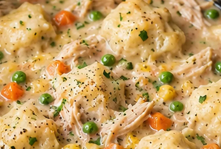 Finished Crockpot Chicken and Dumplings in a slow cooker with creamy broth and biscuit dumplings
