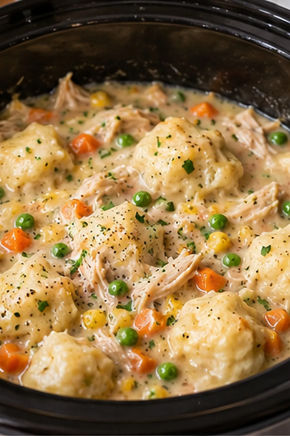 Creamy Crockpot Chicken and Dumplings with tender chicken and biscuit dumplings