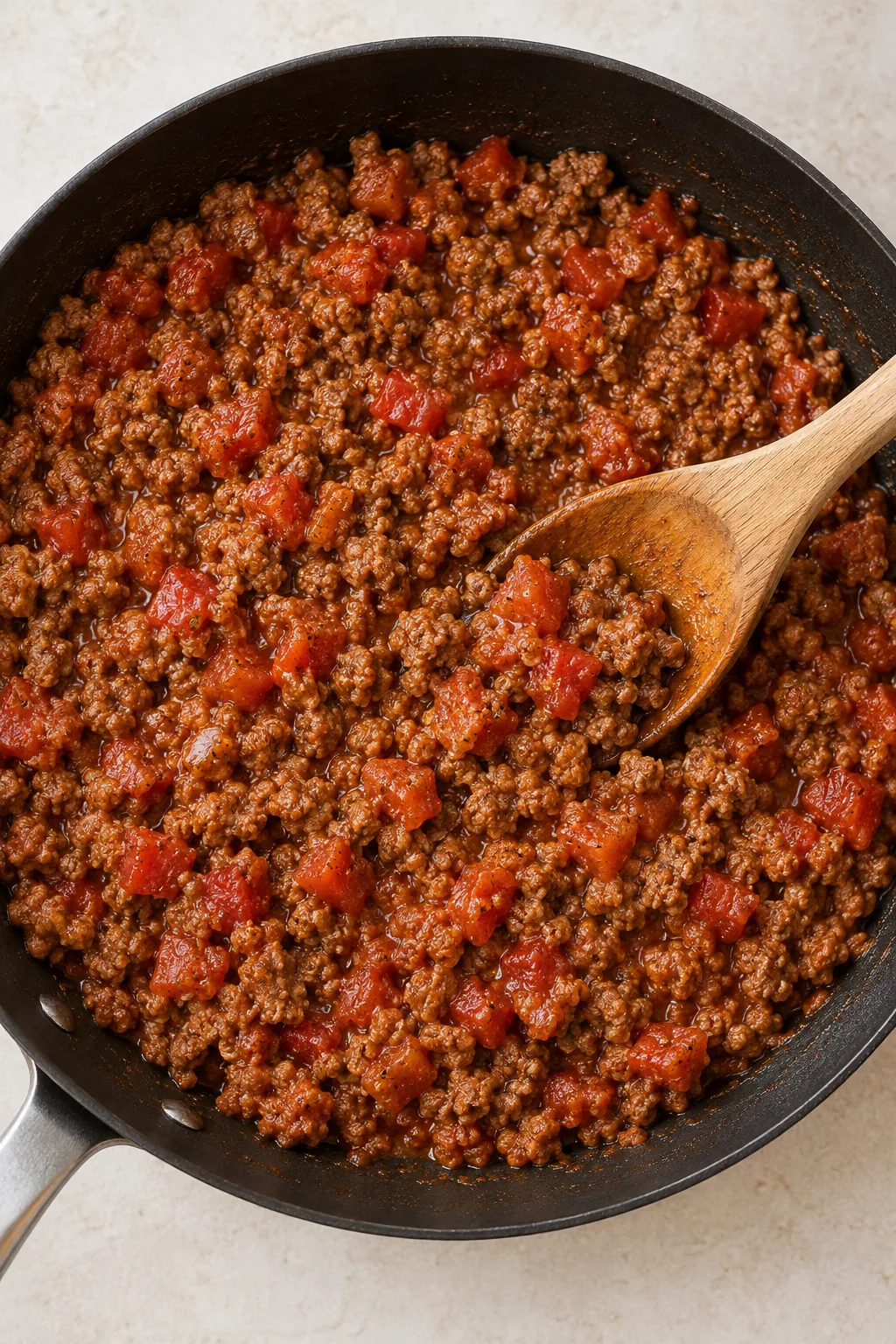 Cooked taco-seasoned ground beef and diced tomatoes in a skillet