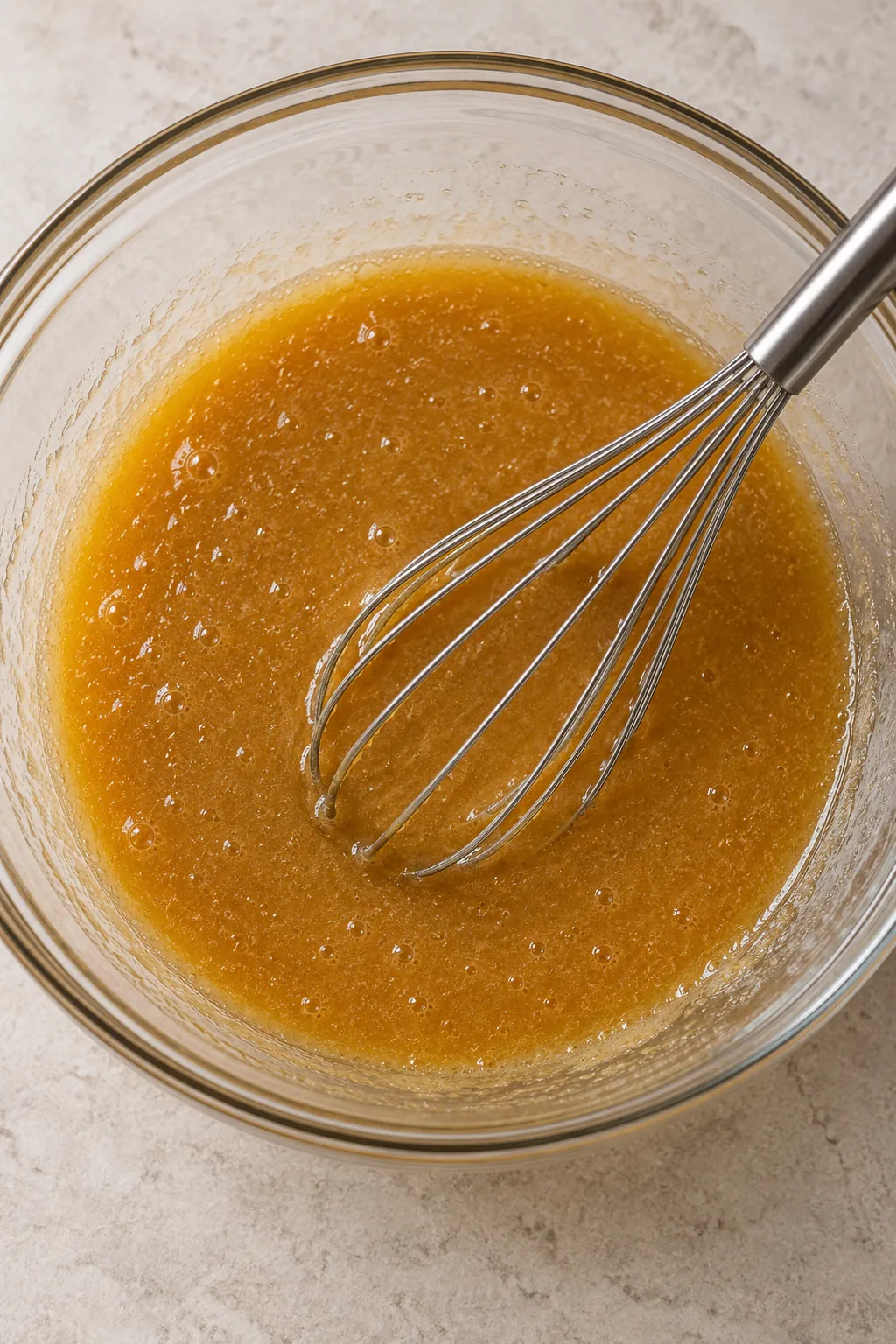 Eggs, white sugar, brown sugar, and oil whisked into an amber mixture in a glass bowl