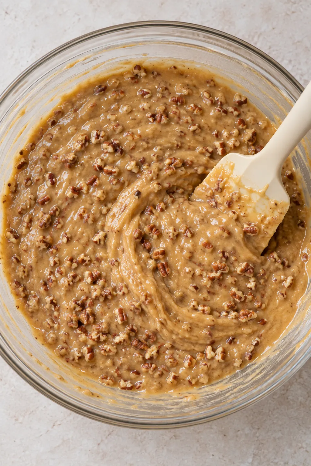 Finely chopped pecans folded into golden brown pecan bread batter in a glass bowl