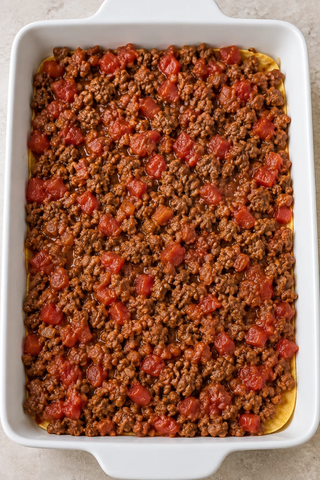 Seasoned ground beef and diced tomato filling spread over the bottom tortilla layer