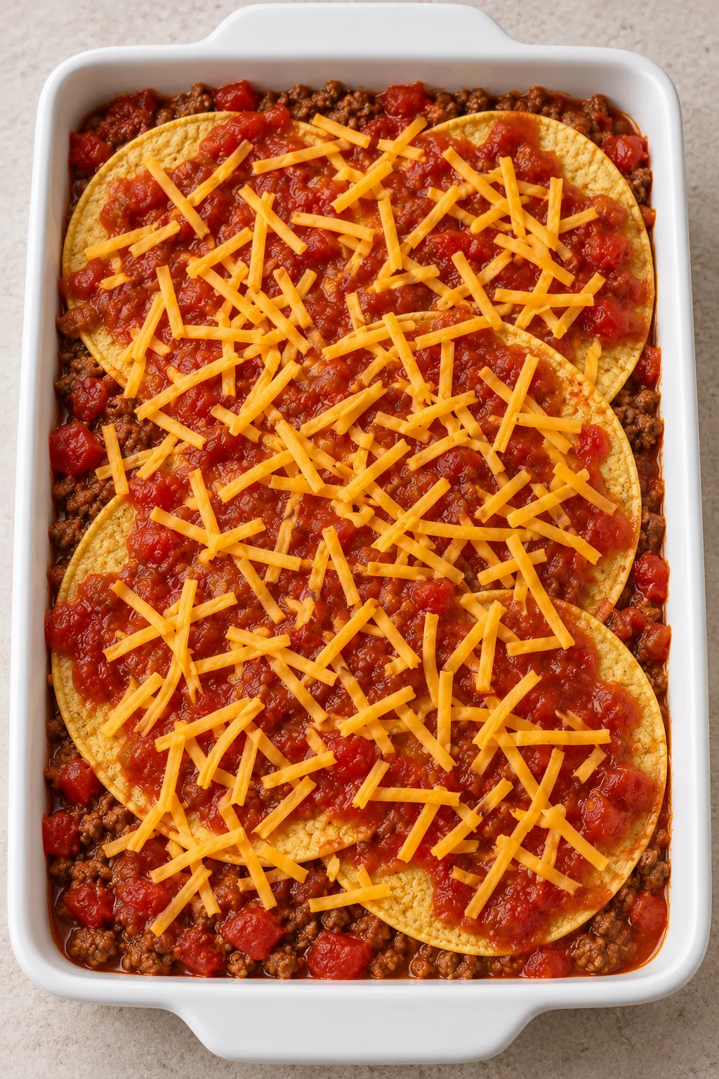 Unbaked taco lasagna topped with salsa and shredded Colby cheese
