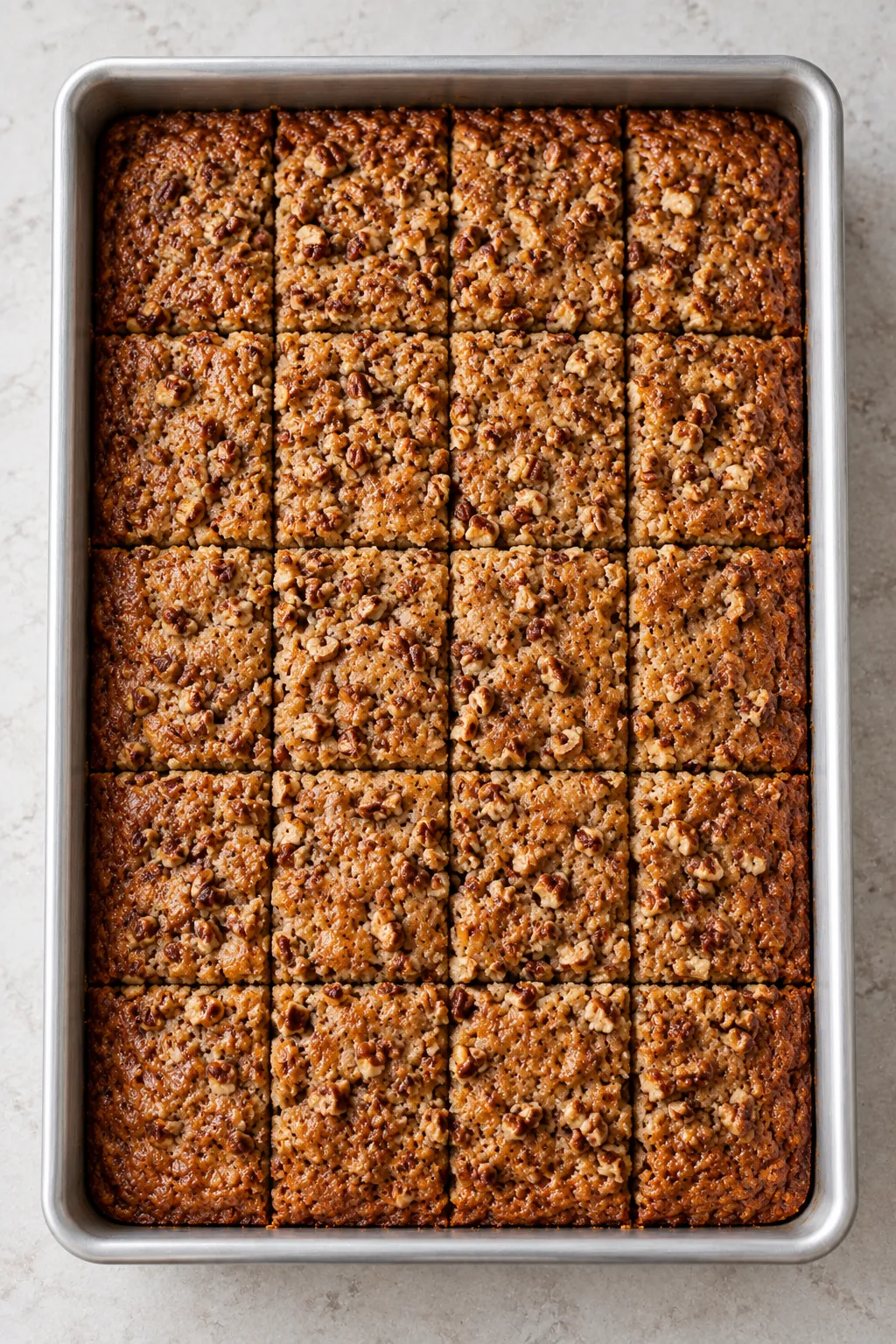 Cooled Sweet Alabama Pecan Bread cut into squares in a rectangular metal baking pan