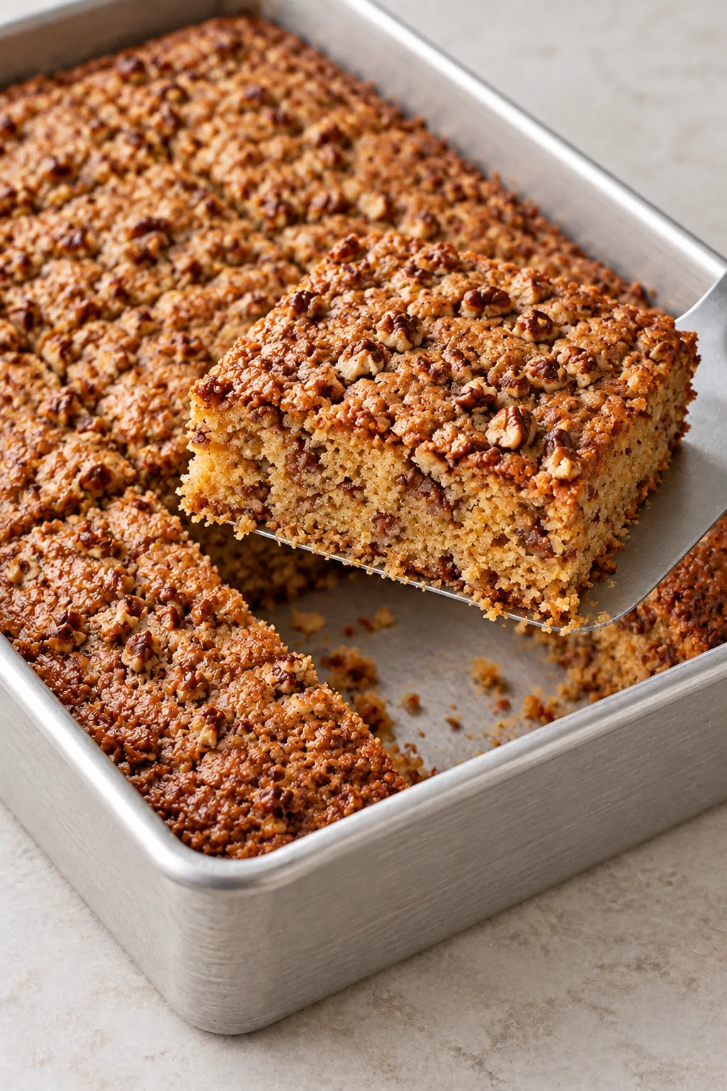 A square of Sweet Alabama Pecan Bread lifted on a metal spatula to show the chopped pecans inside
