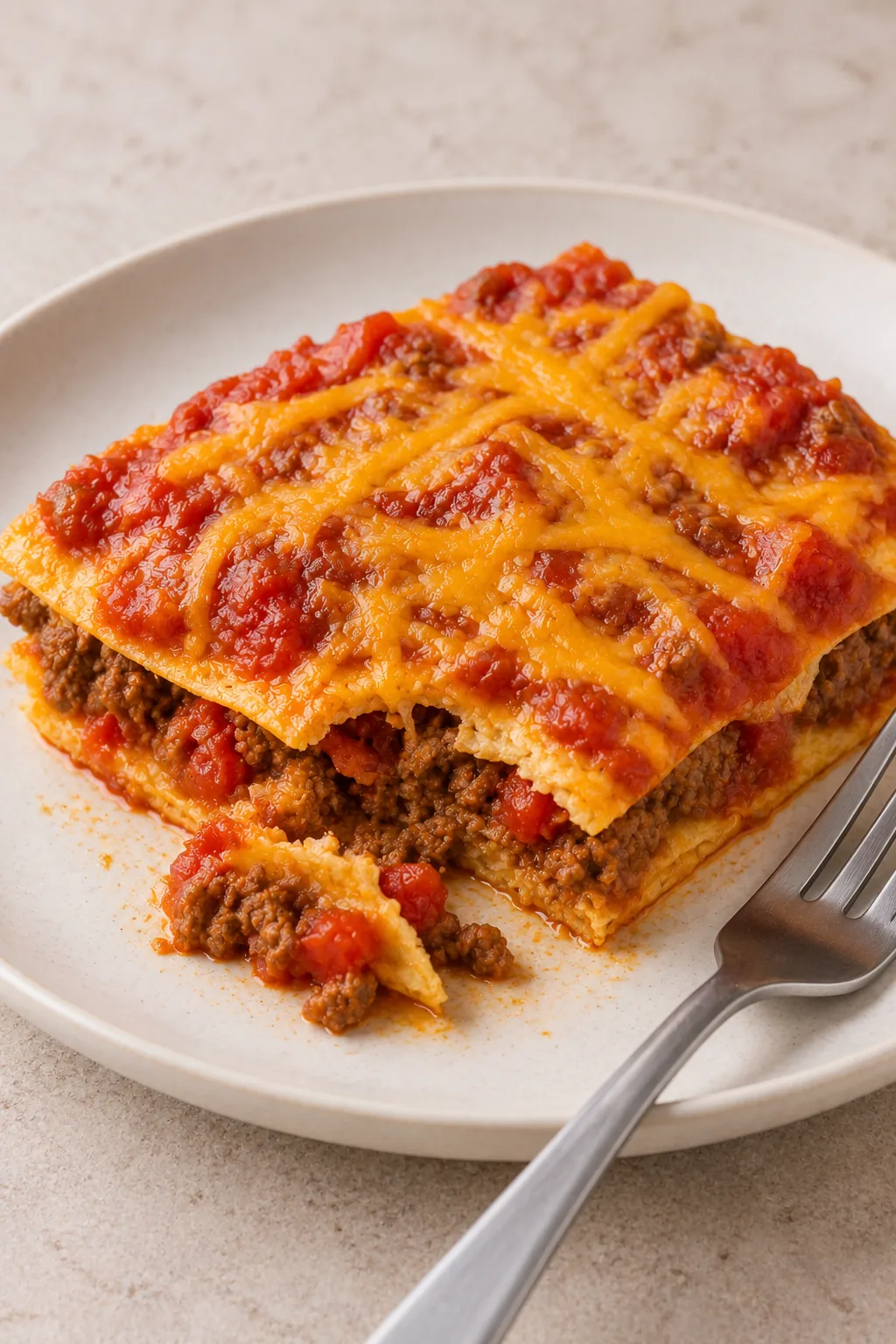 A serving of Mexican taco lasagna on a plate with a bite removed to show the filling
