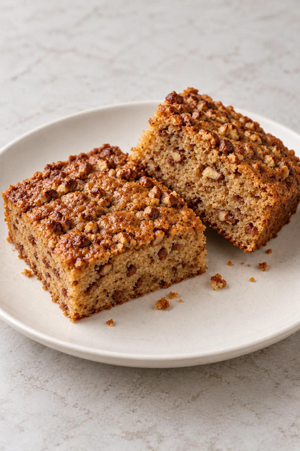 Two pecan bread squares on a plain white plate showing the moist nut-filled crumb