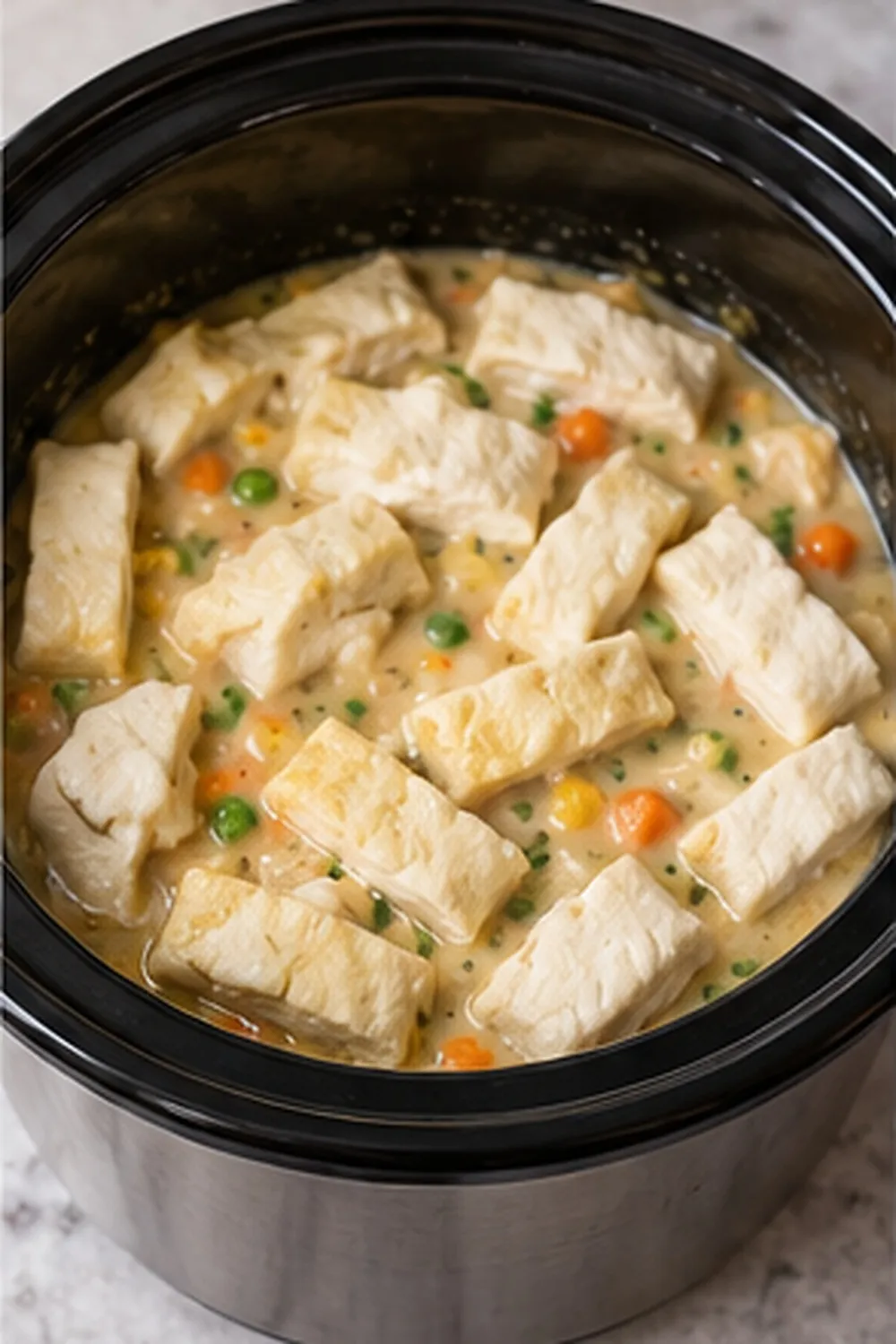 Biscuit dough pieces added over creamy chicken and vegetables in the slow cooker