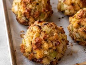 Golden baked stuffing balls with crisp edges, celery, onion, and herbs