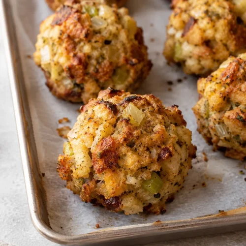 Golden baked stuffing balls with crisp edges, celery, onion, and herbs