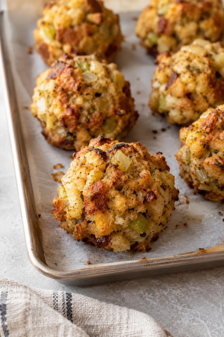 Golden baked stuffing balls with crisp edges, celery, onion, and herbs