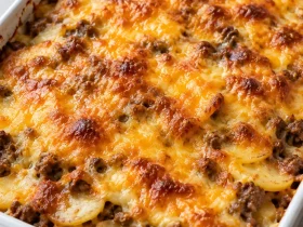 Cheesy hamburger potato casserole baked with a golden browned cheddar topping