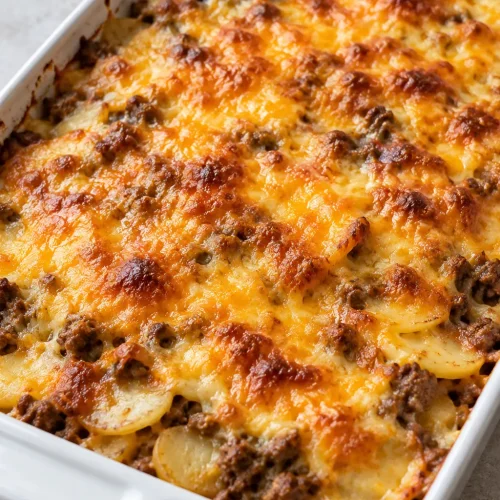 Cheesy hamburger potato casserole baked with a golden browned cheddar topping