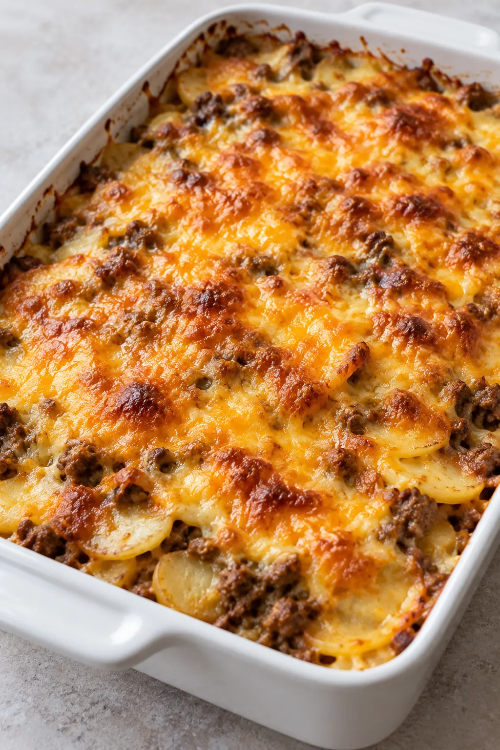 Cheesy hamburger potato casserole baked with a golden browned cheddar topping