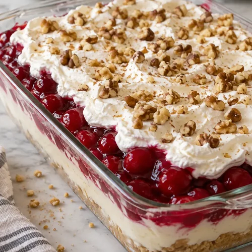 Ingredients for no-bake cherry cheesecake lush arranged on a marble counter