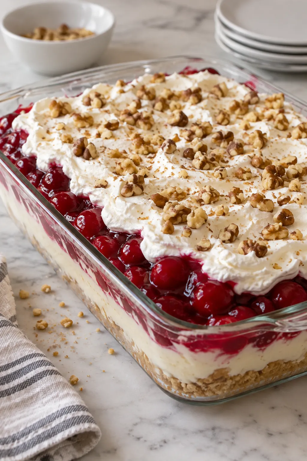 Ingredients for no-bake cherry cheesecake lush arranged on a marble counter