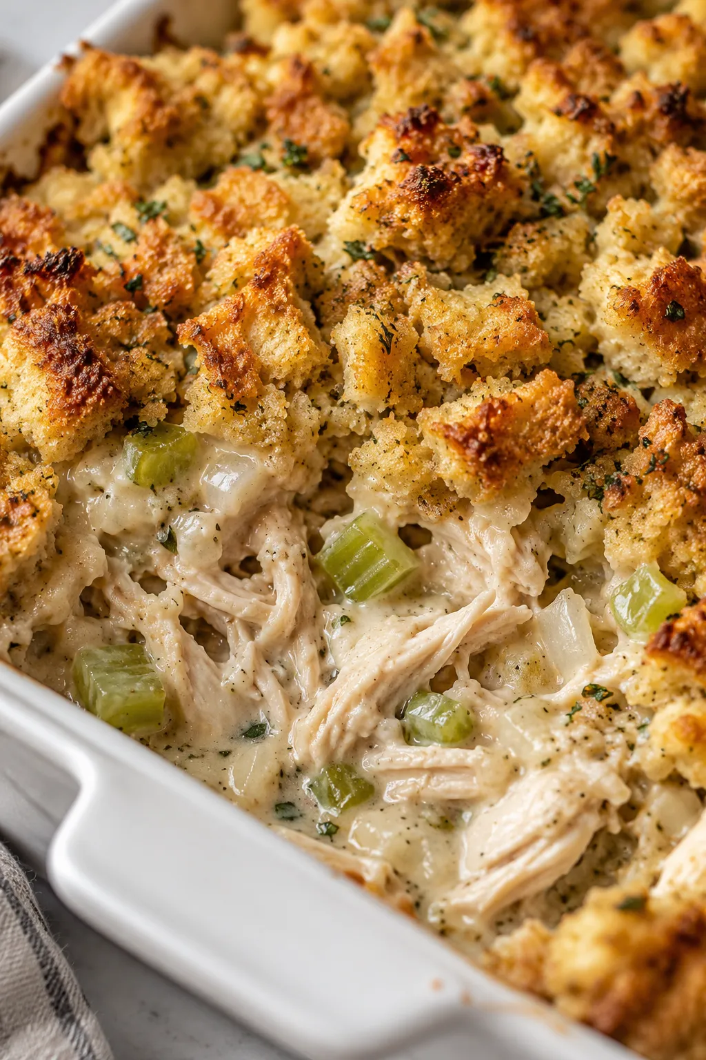 Close-up of rotisserie chicken and stuffing casserole with creamy chicken, celery, and golden stuffing