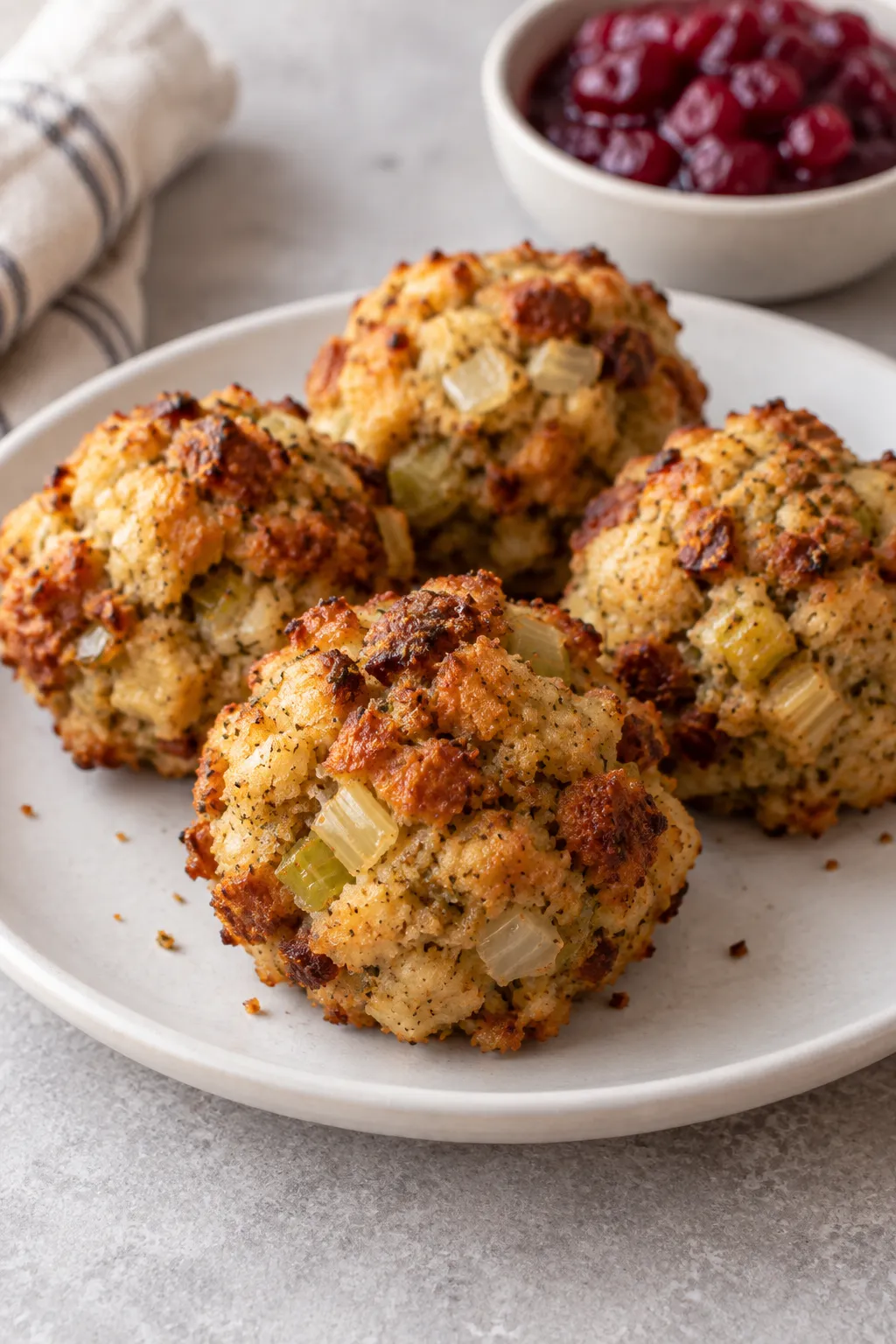 Homemade stuffing balls served on a plate with cranberry sauce
