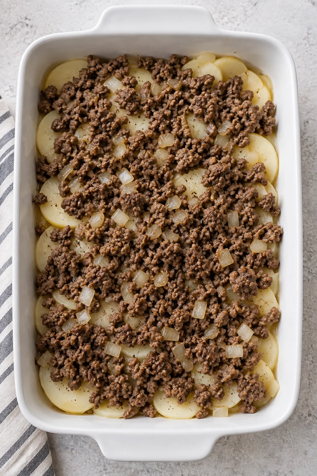 Cooked ground beef and onions layered over sliced potatoes for hamburger potato casserole