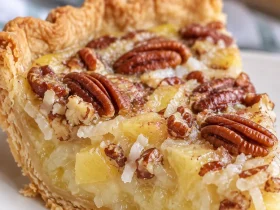 Tropical Island Pecan Pie made with crushed pineapple and coconut