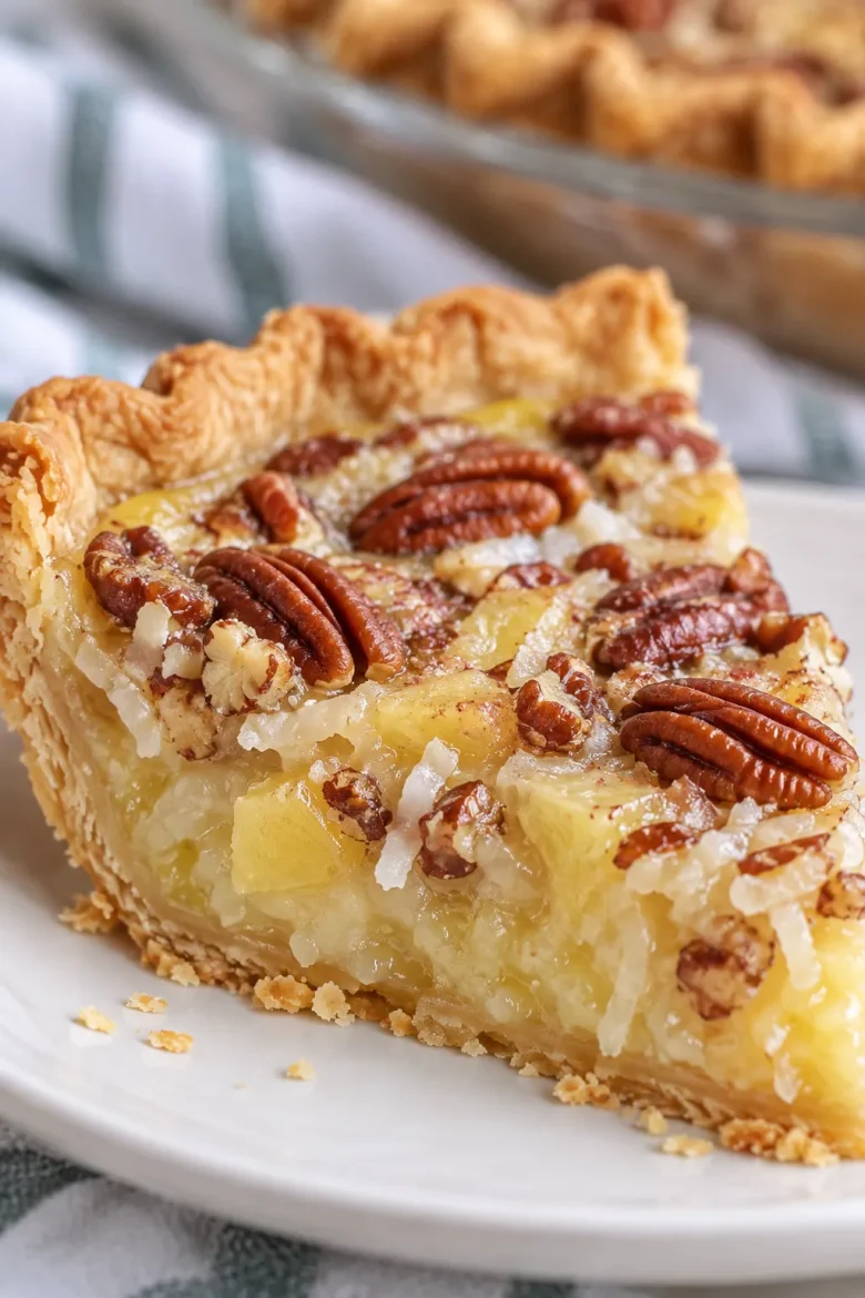 Tropical Island Pecan Pie made with crushed pineapple and coconut