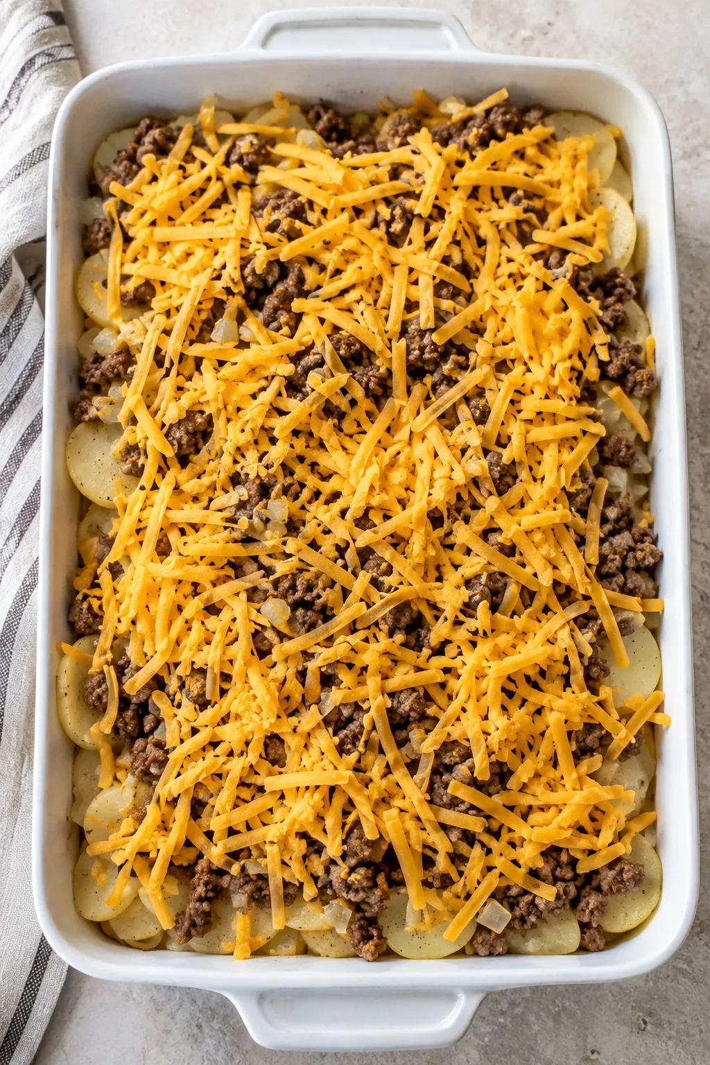 Shredded cheddar layered over ground beef and sliced potatoes before baking