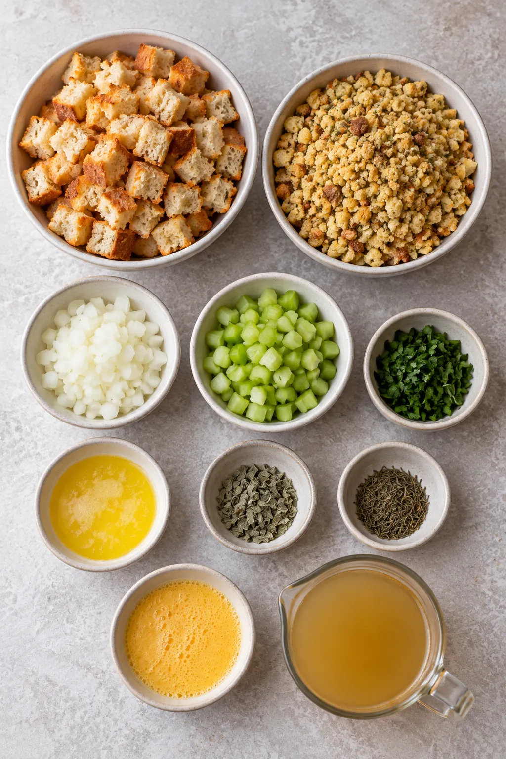 Ingredients for stuffing balls including bread, cornbread stuffing, onion, celery, herbs, egg, butter, and broth