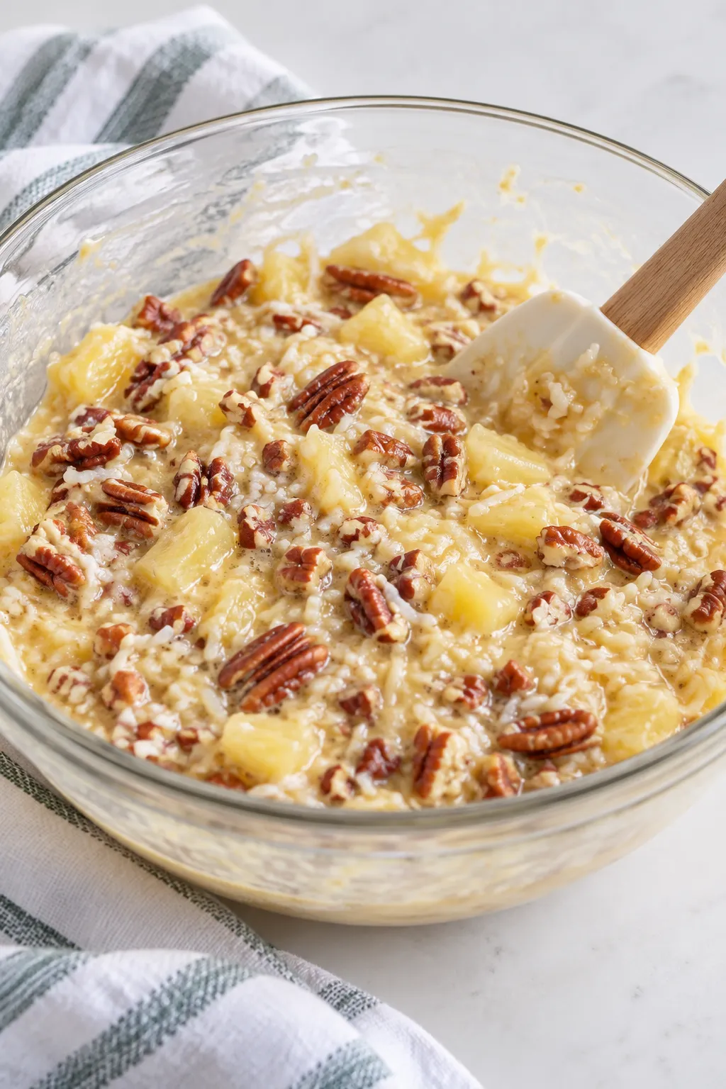 Close-up of Island Pecan Pie with buttery pecans and shredded coconut