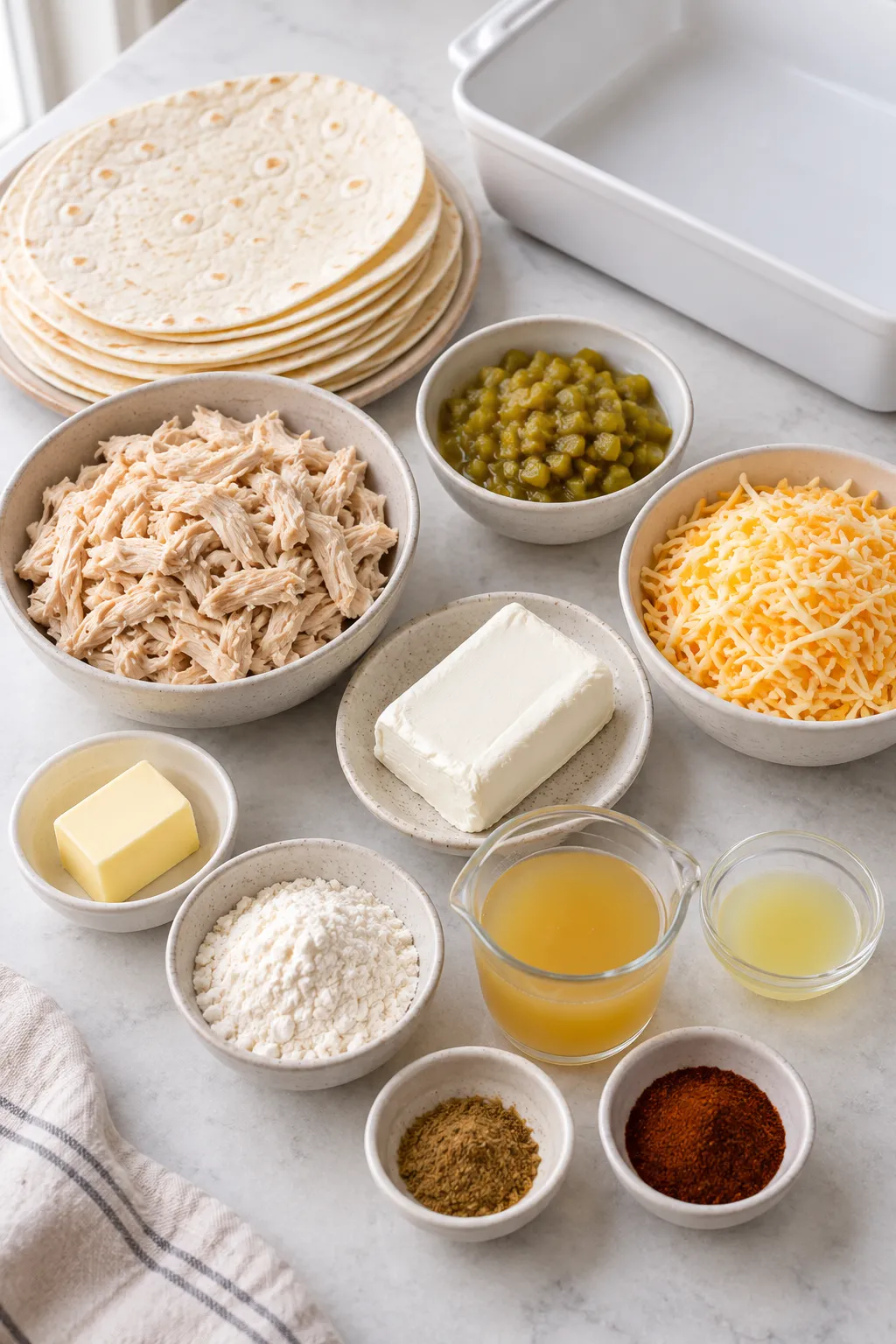 Ingredients for cream cheese chicken enchiladas with tortillas, shredded chicken, cream cheese, green chiles, cheese, broth, butter, and flour