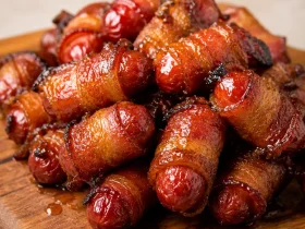 Glazed bacon-wrapped cocktail sausages on a white serving plate