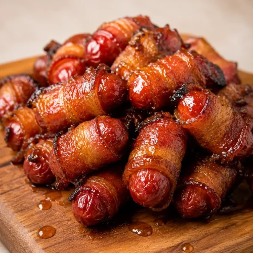Glazed bacon-wrapped cocktail sausages on a white serving plate
