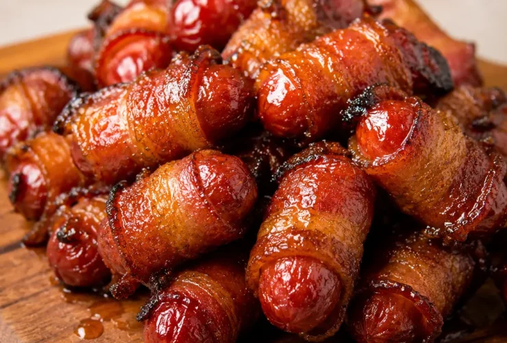 Glazed bacon-wrapped cocktail sausages on a white serving plate