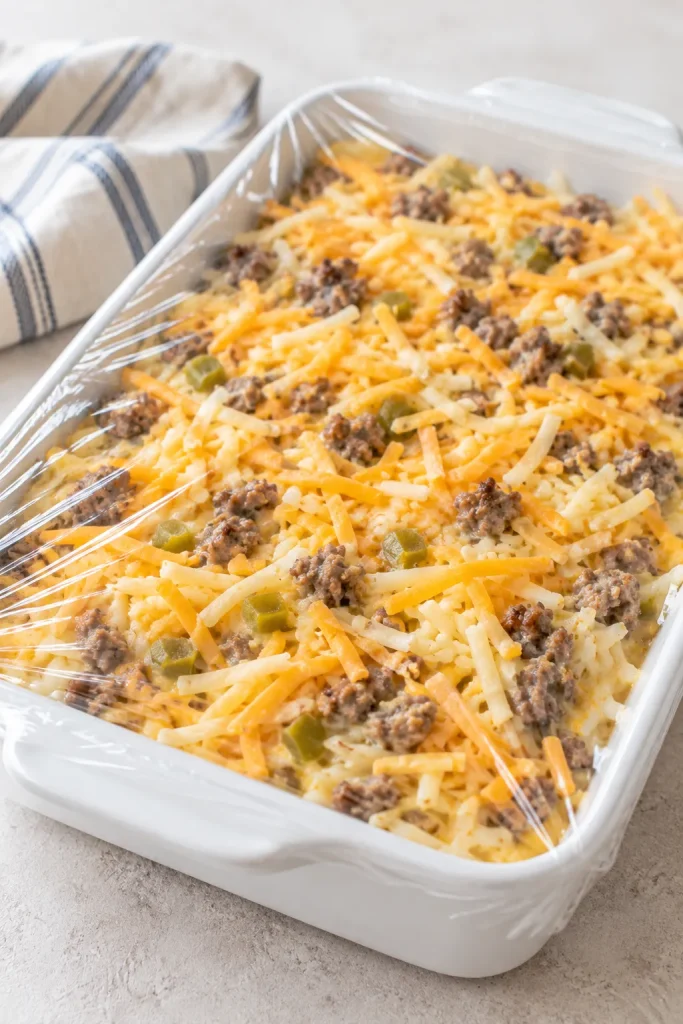 Unbaked sausage hash brown casserole layered with cheddar and green chiles