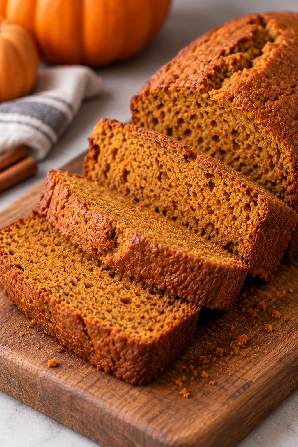 Slices of moist pumpkin bread ready to serve