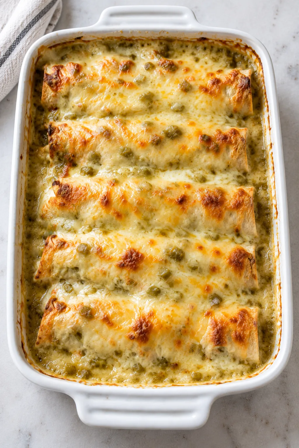 Overhead view of baked cream cheese chicken enchiladas with melted cheese and green chile sauce