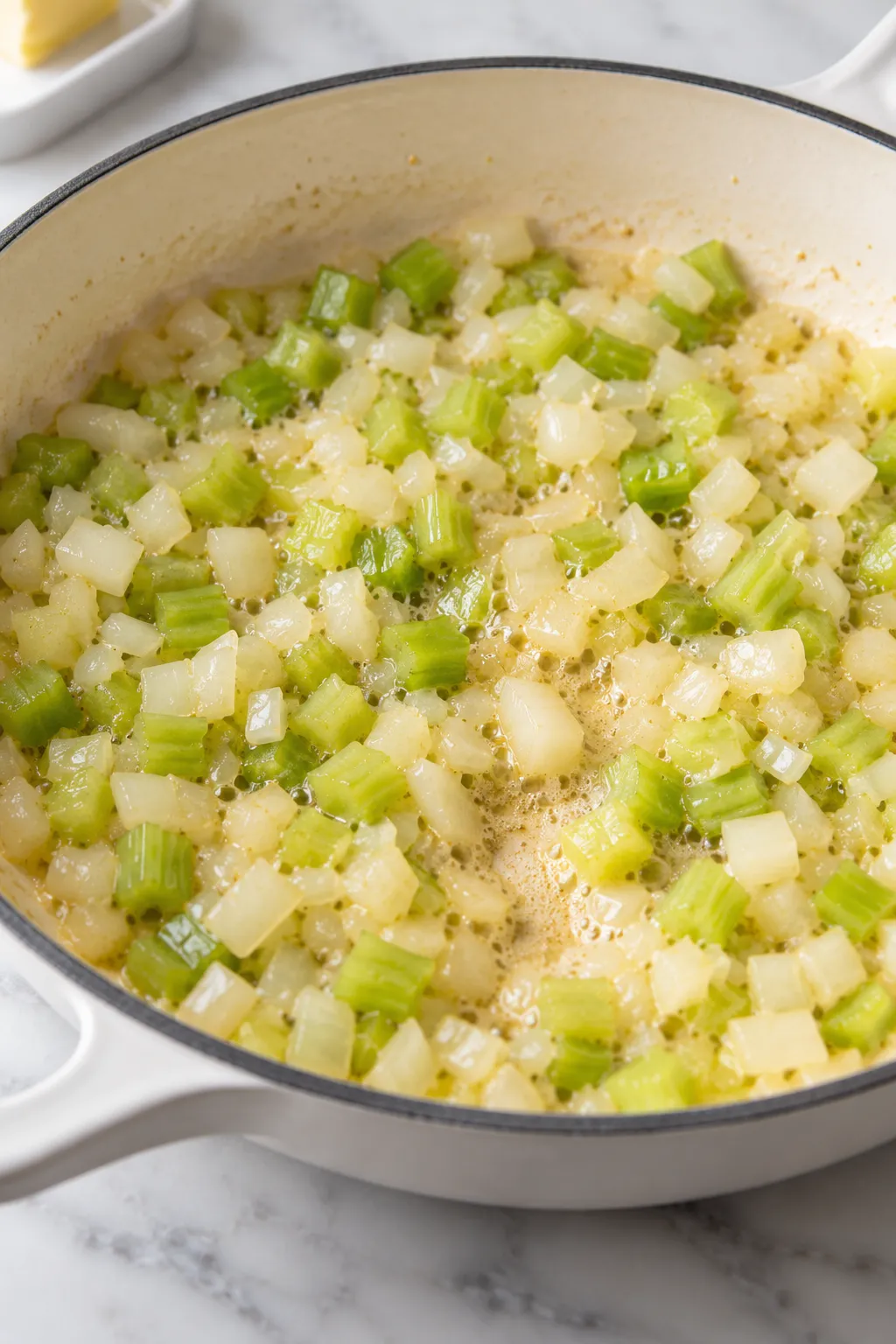 Diced onion and celery sautéing in butter for cornbread dressing