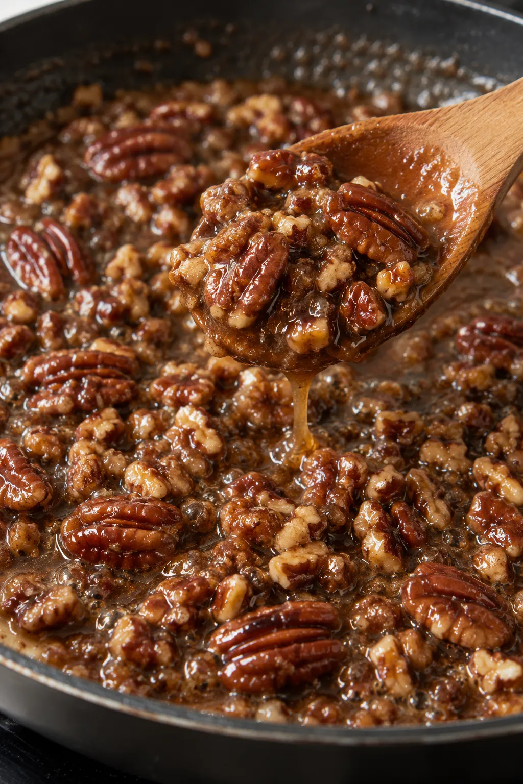 Caramel pecan topping cooking in a skillet for pecan cheesecake pie