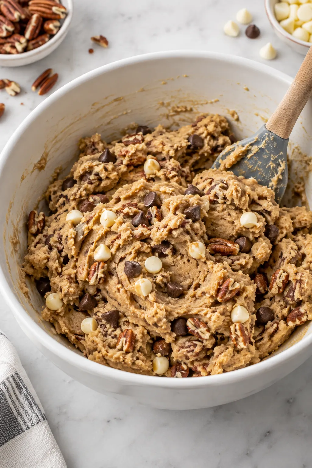 Chocolate chip pecan cookie dough mixed with white chocolate, semi-sweet chocolate, and pecans