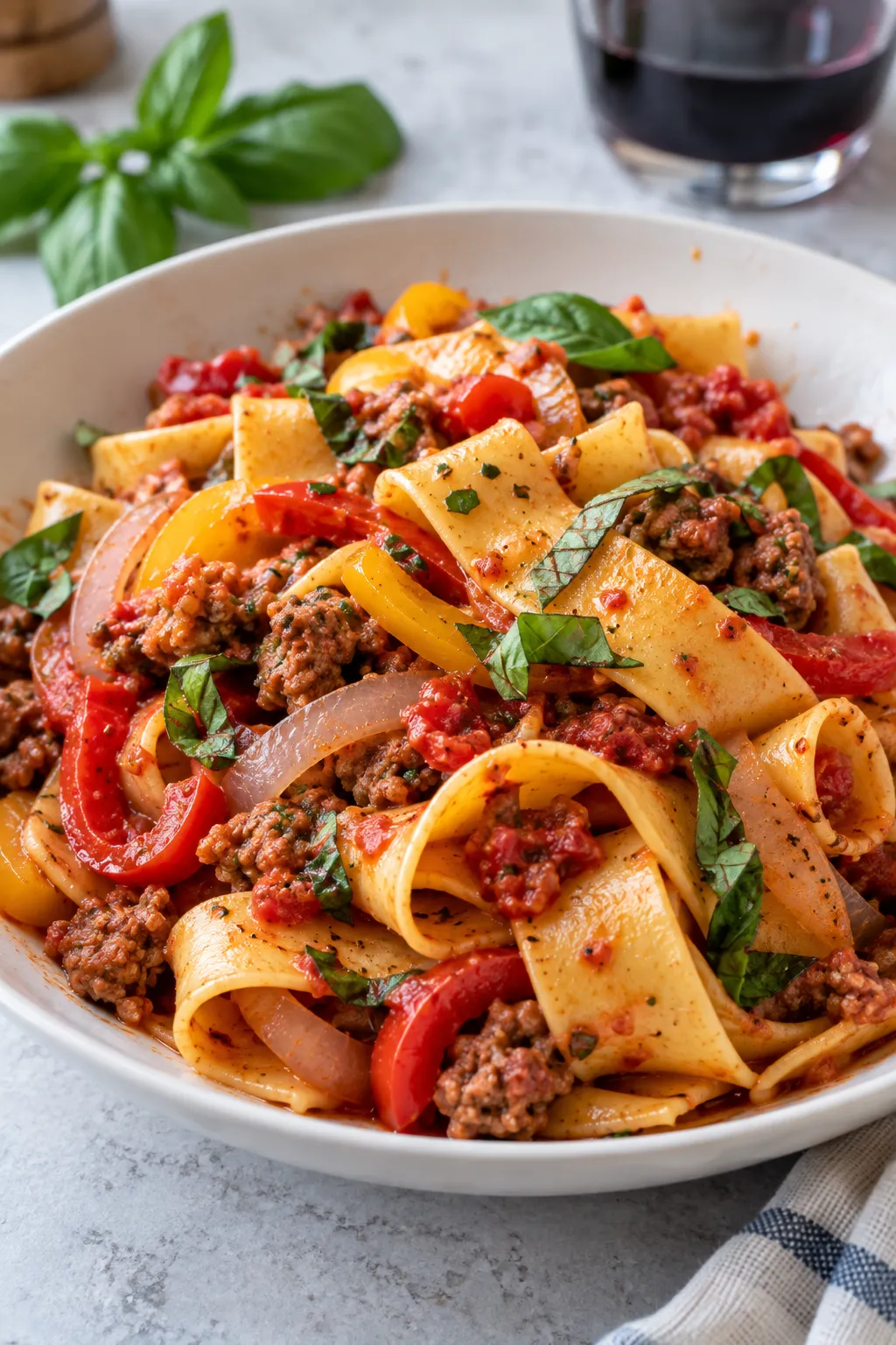 Italian sausage pappardelle with bell peppers, onion, tomato sauce, and basil