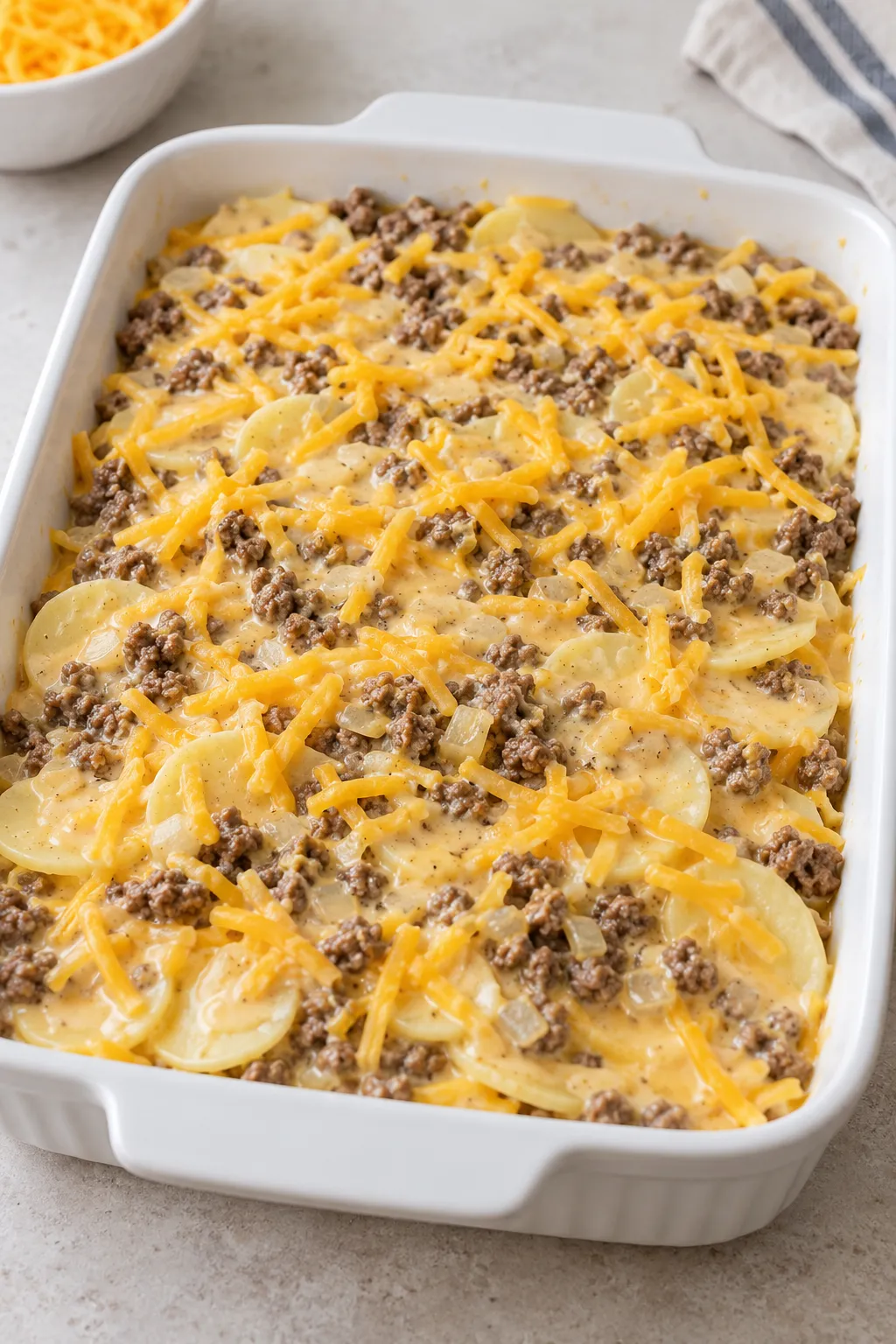 Close-up serving of cheesy hamburger potato casserole with ground beef, sliced potatoes, and melted cheddar
