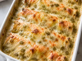 Cream cheese chicken enchiladas baked in a white casserole dish with melted cheese and green chiles
