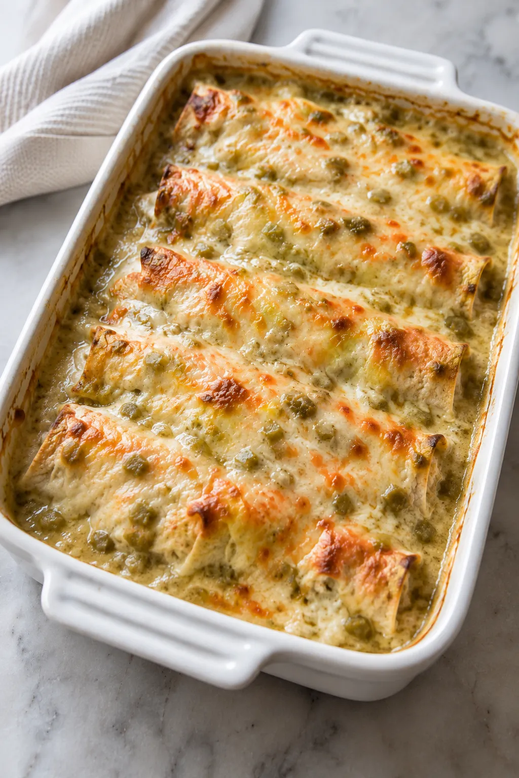 Cream cheese chicken enchiladas baked in a white casserole dish with melted cheese and green chiles