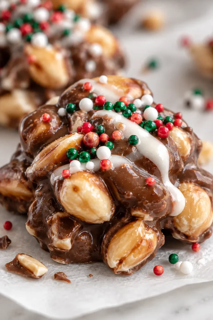 Close-up of Crockpot Christmas Crack with chocolate-coated peanuts and Christmas sprinkles