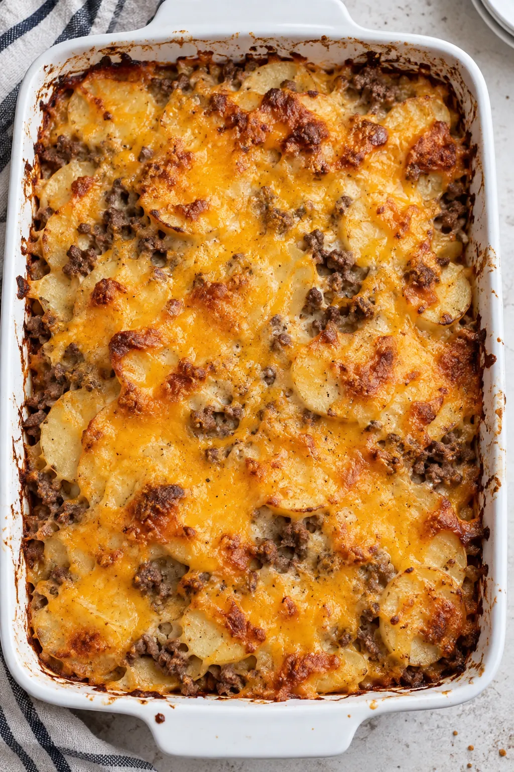Overhead view of baked cheesy hamburger potato casserole with golden melted cheese