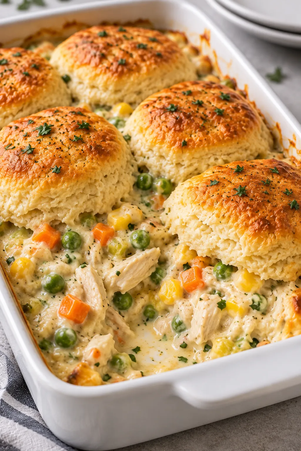 Close-up of chicken pot pie bake with tender chicken, vegetables, and biscuits